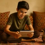 Подросток с планшетом учится арабскому языку на восточном ковре