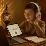 Мальчик с наушниками слушает урок арабского у восточного светильника