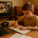 Мальчик учится арабскому, рядом телевизор и восточные подушки