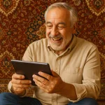 Пожилой человек с планшетом учит арабский язык на фоне ковра