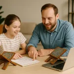 Отец и дочь вместе изучают арабский язык за столом