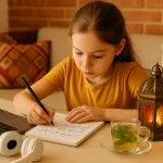 Девочка занимается арабским языком с чаем и восточной лампой