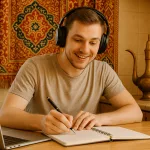 Молодой человек учит арабский язык на кухне с восточным декором