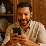 Мужчина учит арабский язык по телефону рядом с восточной керамикой