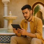 Молодой человек учится арабскому во дворе у восточного фонтана