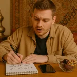 Молодой человек учит арабский, делая записи рядом с финиками