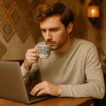 Студент учится арабскому языку в кафе с ноутбуком и кофе