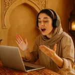 Женщина с ноутбуком и наушниками обучается арабскому языку в восточном интерьере