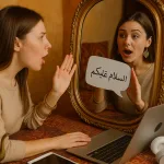 Женщина повторяет арабские фразы у зеркала с восточными украшениями