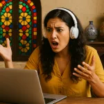 Девушка на онлайн-уроке по арабскому рядом с восточной керамикой