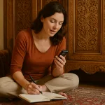 Женщина записывает аудиоурок арабского на фоне восточной мебели